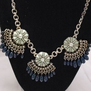 Beautiful Faux Turquoise,Navy Blue Beads, Clear Rhinestones  Bib Chunky Necklace